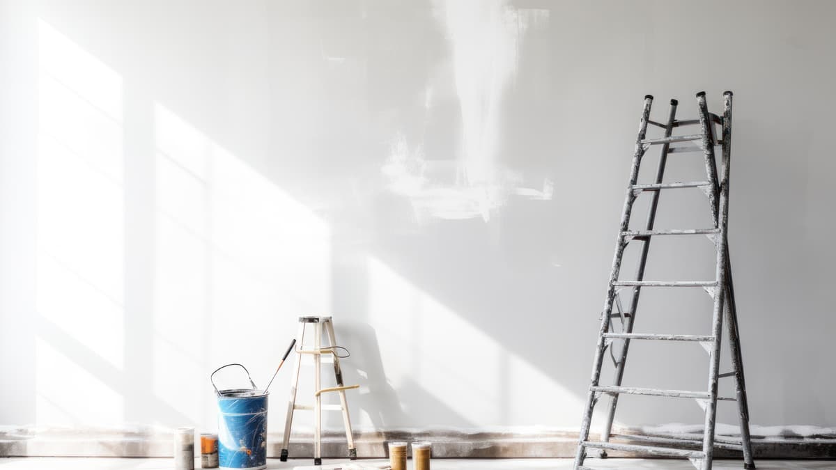 Ladders and painting supplies set up beside a partially prepared interior wall