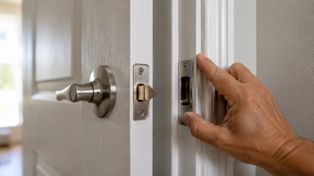 A hand checking the alignment between an extended door latch bolt and the strike plate on a white interior door jamb.