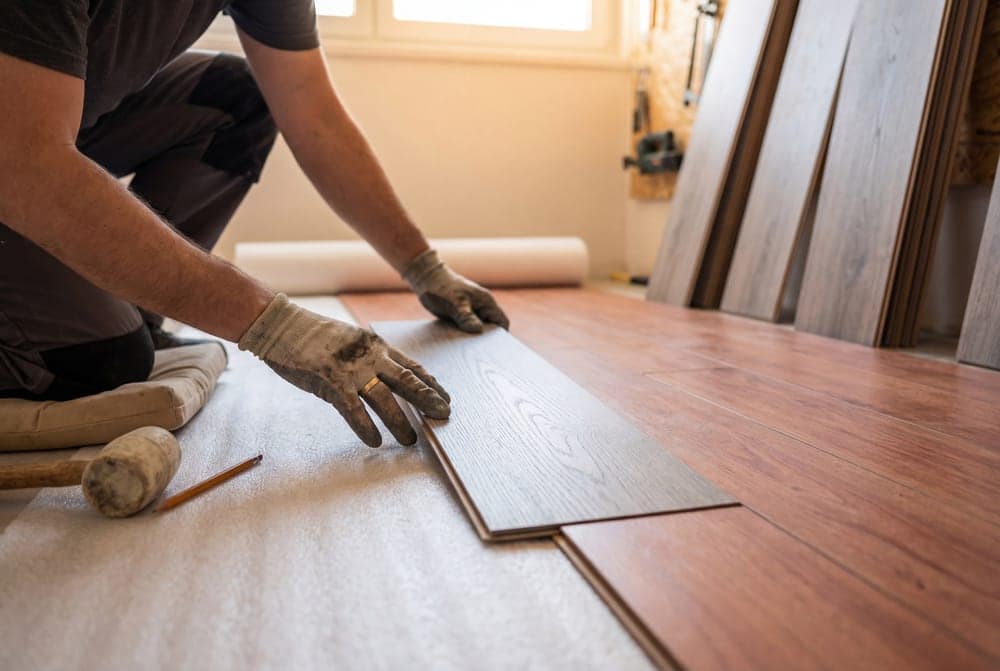Gloved hands easing a laminate plank into place against the last run.
