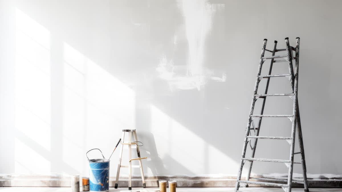 An empty room prepared for painting: ladder, paint tins and brushes in raking daylight.