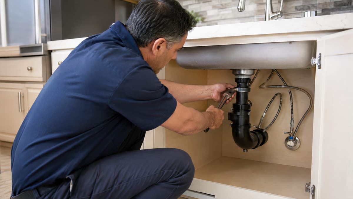 Handyman repairing the drain plumbing under a kitchen sink