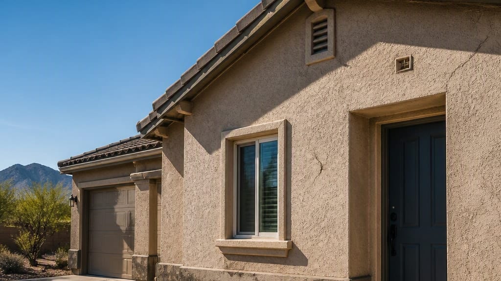 Single-storey Las Vegas stucco home in hard midday sun, showing a tile roof, a sun-facing front door and hairline cracking in the exterior wall