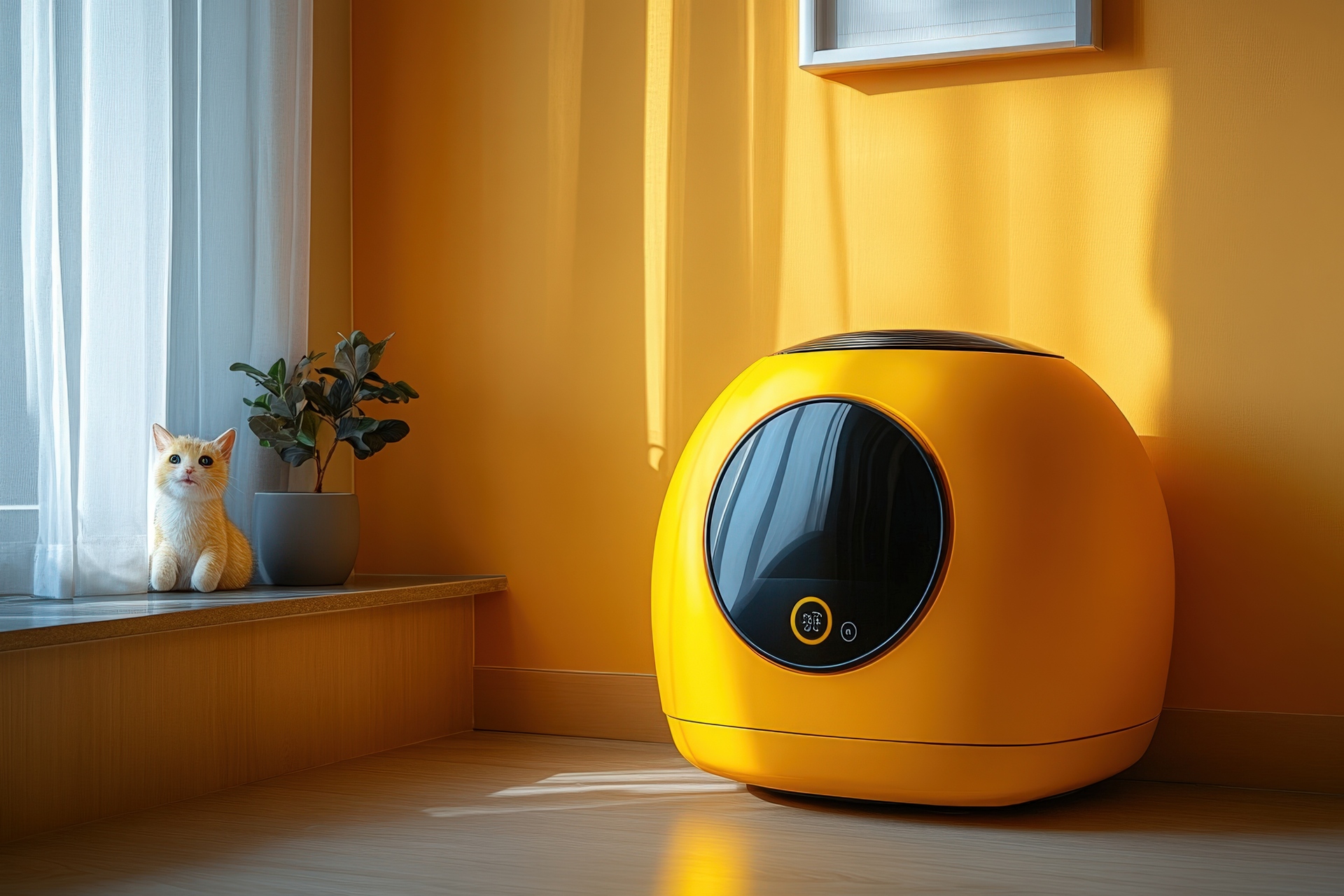 Modern self-cleaning litter box in a clean home